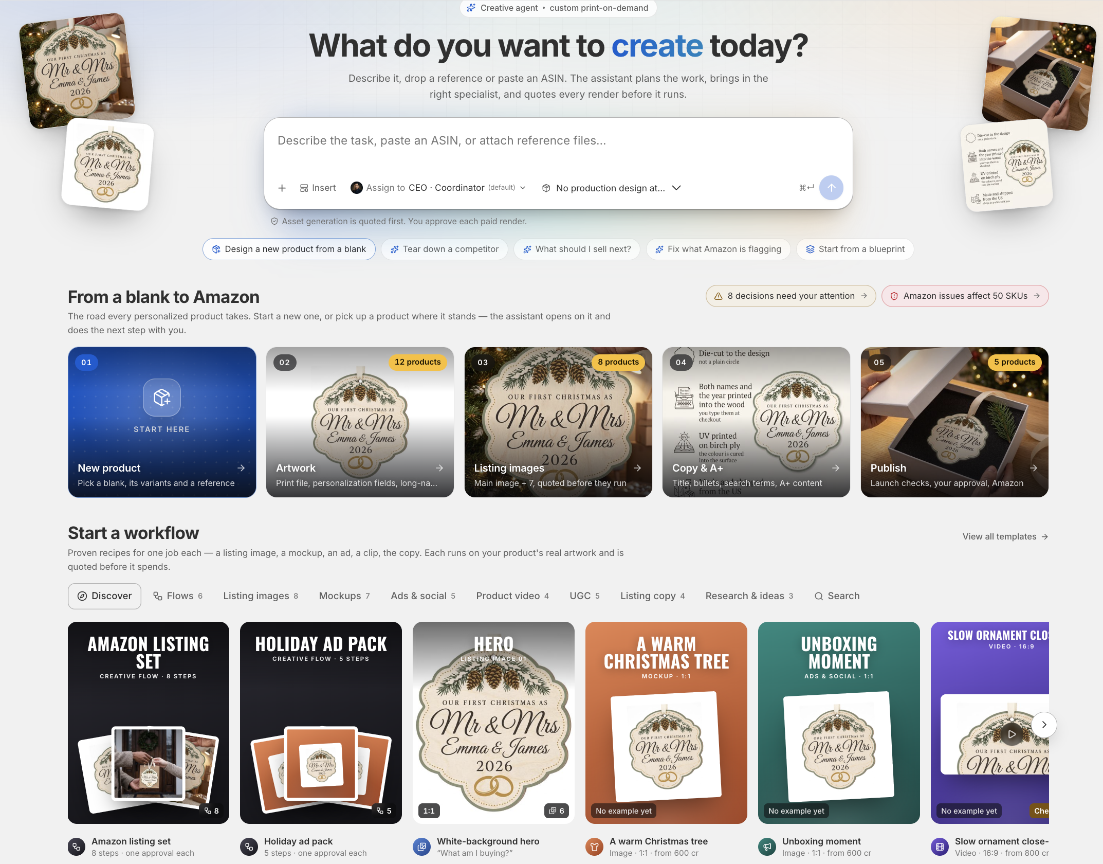 GenPrint AI Studio workspace showing product creation, artwork, listing images, copy and publishing workflows