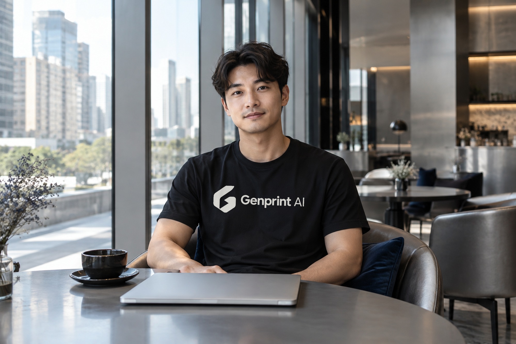 Lifestyle mockup of a GenPrint branded T-shirt in a contemporary workspace