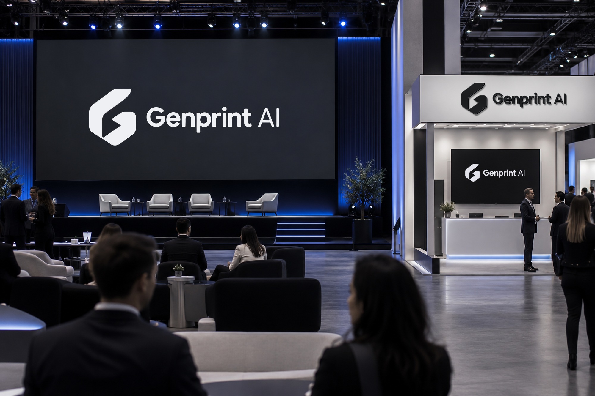 GenPrint event branding concept showing a conference stage and exhibition booth