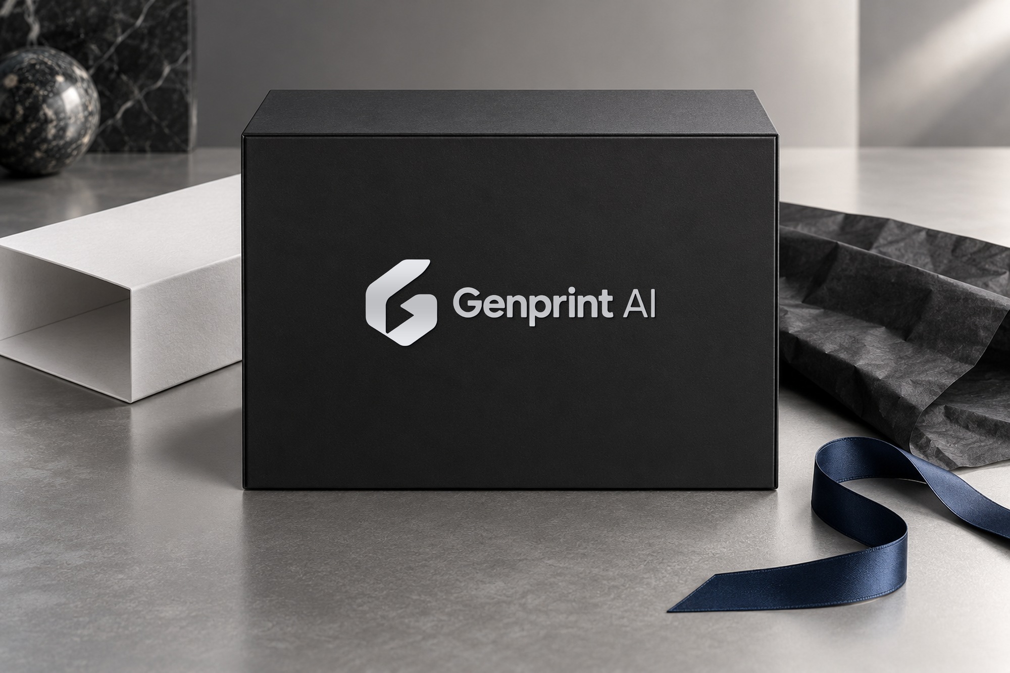 GenPrint branded gift packaging mockup on a stone surface