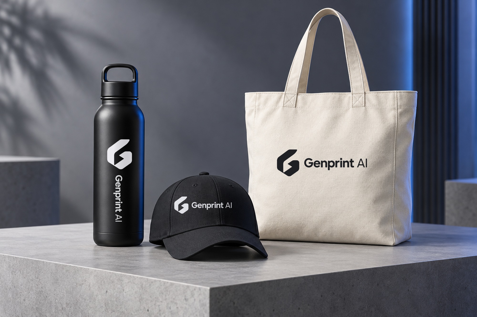 GenPrint logo mockup on a tote, cap and bottle displayed together
